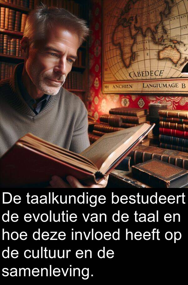 deze: De taalkundige bestudeert de evolutie van de taal en hoe deze invloed heeft op de cultuur en de samenleving.