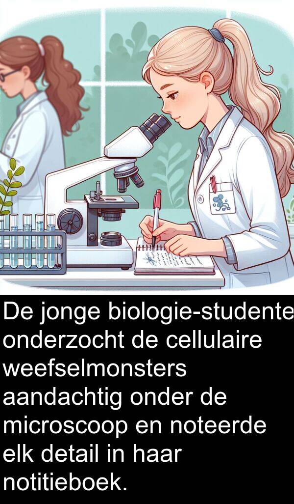 jonge: De jonge biologie-studente onderzocht de cellulaire weefselmonsters aandachtig onder de microscoop en noteerde elk detail in haar notitieboek.