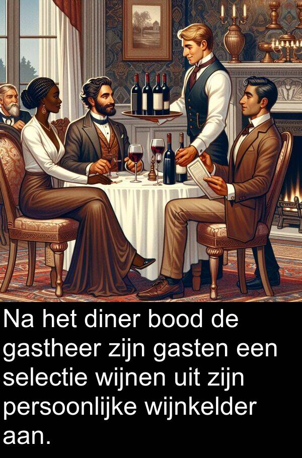 gasten: Na het diner bood de gastheer zijn gasten een selectie wijnen uit zijn persoonlijke wijnkelder aan.