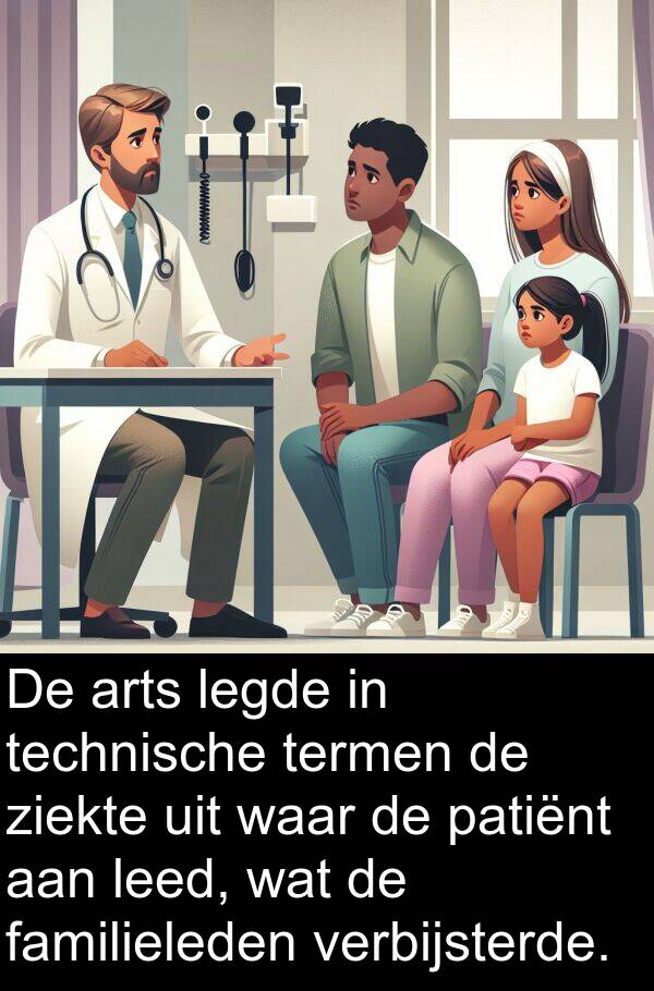 ziekte: De arts legde in technische termen de ziekte uit waar de patiënt aan leed, wat de familieleden verbijsterde.