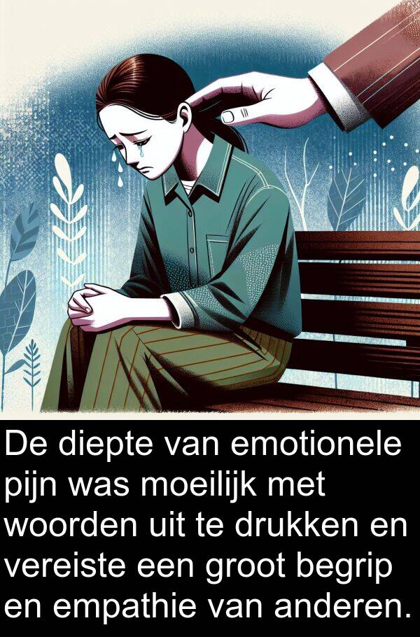 pijn: De diepte van emotionele pijn was moeilijk met woorden uit te drukken en vereiste een groot begrip en empathie van anderen.