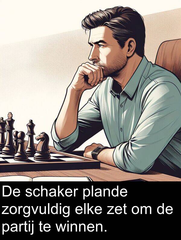 elke: De schaker plande zorgvuldig elke zet om de partij te winnen.