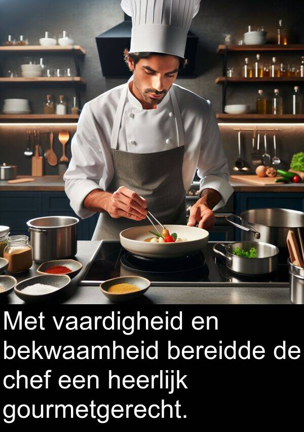 vaardigheid: Met vaardigheid en bekwaamheid bereidde de chef een heerlijk gourmetgerecht.