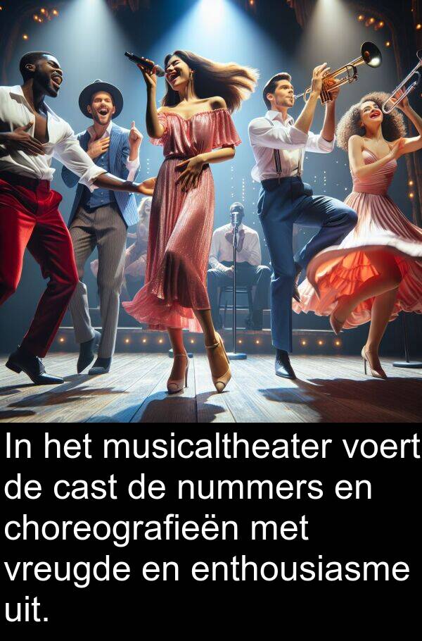 cast: In het musicaltheater voert de cast de nummers en choreografieën met vreugde en enthousiasme uit.