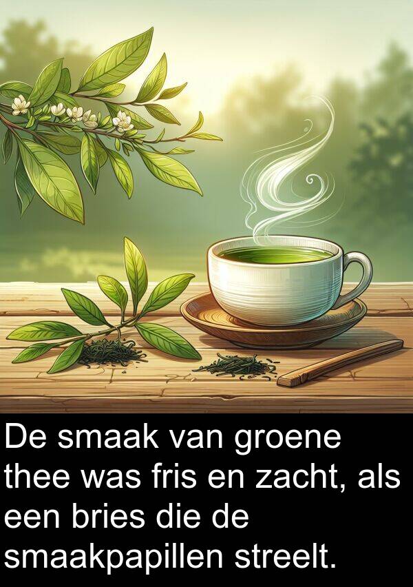 fris: De smaak van groene thee was fris en zacht, als een bries die de smaakpapillen streelt.