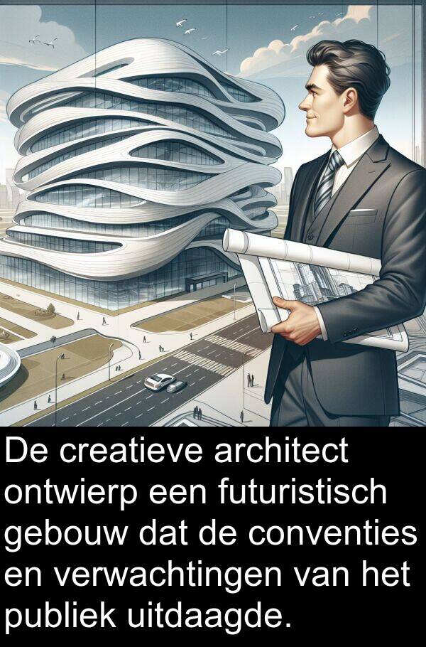 futuristisch: De creatieve architect ontwierp een futuristisch gebouw dat de conventies en verwachtingen van het publiek uitdaagde.