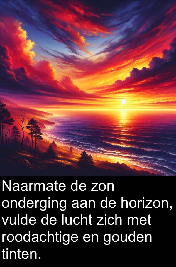 zon: Naarmate de zon onderging aan de horizon, vulde de lucht zich met roodachtige en gouden tinten.