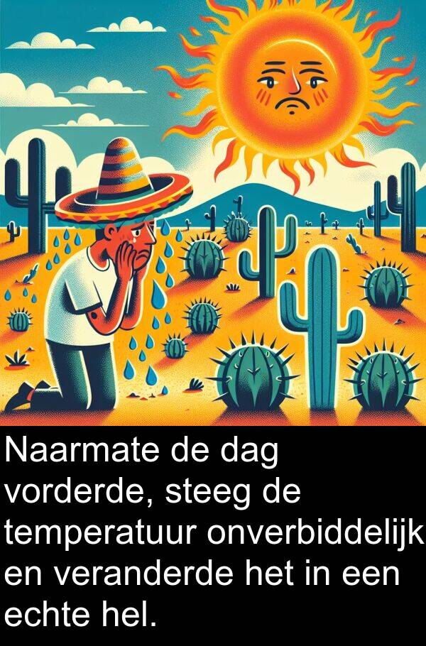 onverbiddelijk: Naarmate de dag vorderde, steeg de temperatuur onverbiddelijk en veranderde het in een echte hel.