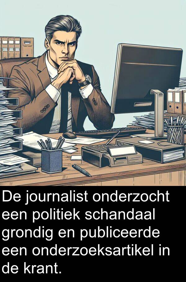 journalist: De journalist onderzocht een politiek schandaal grondig en publiceerde een onderzoeksartikel in de krant.