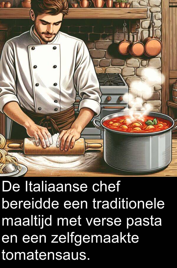 chef: De Italiaanse chef bereidde een traditionele maaltijd met verse pasta en een zelfgemaakte tomatensaus.