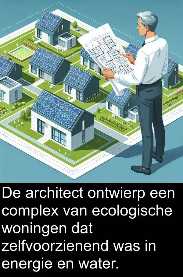 zelfvoorzienend: De architect ontwierp een complex van ecologische woningen dat zelfvoorzienend was in energie en water.