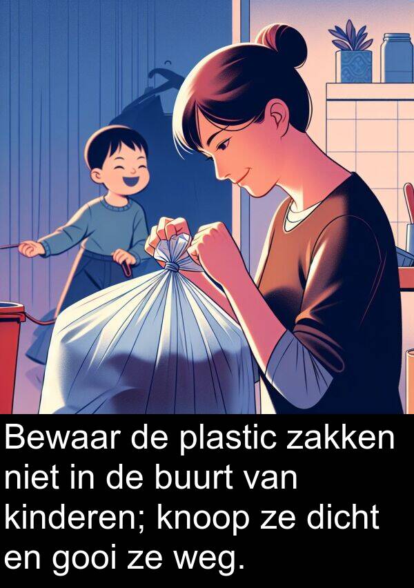 weg: Bewaar de plastic zakken niet in de buurt van kinderen; knoop ze dicht en gooi ze weg.