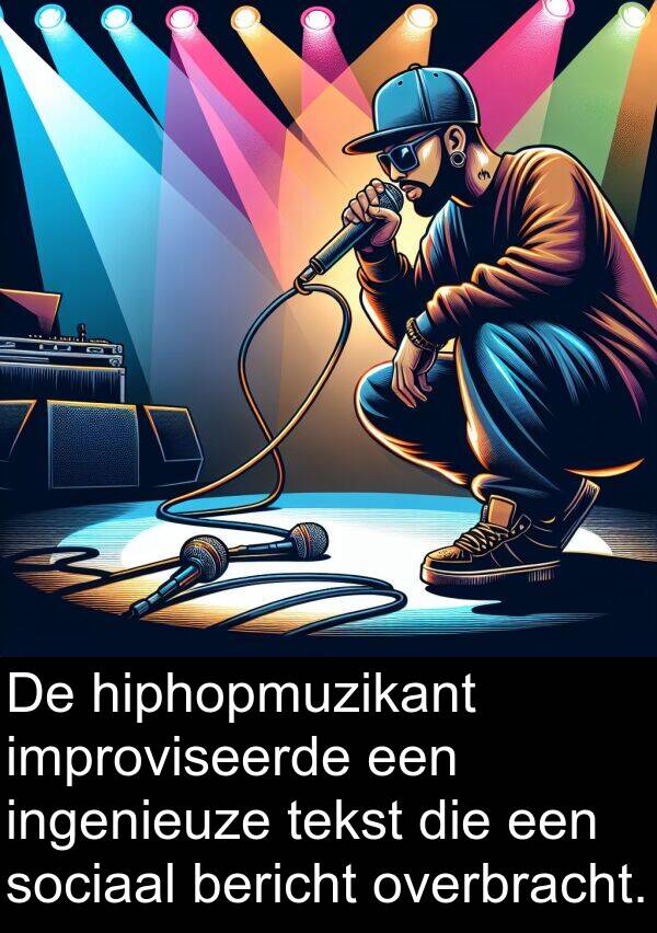 ingenieuze: De hiphopmuzikant improviseerde een ingenieuze tekst die een sociaal bericht overbracht.