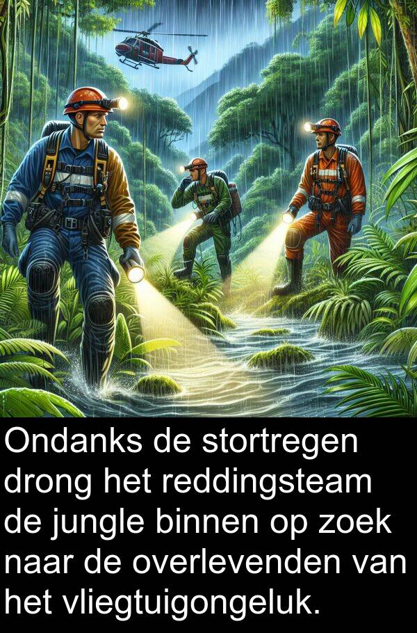 zoek: Ondanks de stortregen drong het reddingsteam de jungle binnen op zoek naar de overlevenden van het vliegtuigongeluk.