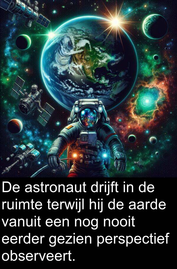 aarde: De astronaut drijft in de ruimte terwijl hij de aarde vanuit een nog nooit eerder gezien perspectief observeert.