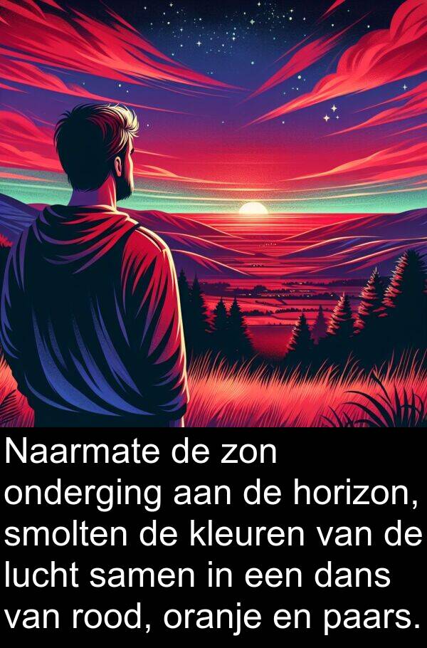 samen: Naarmate de zon onderging aan de horizon, smolten de kleuren van de lucht samen in een dans van rood, oranje en paars.