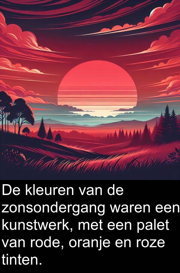 zonsondergang: De kleuren van de zonsondergang waren een kunstwerk, met een palet van rode, oranje en roze tinten.