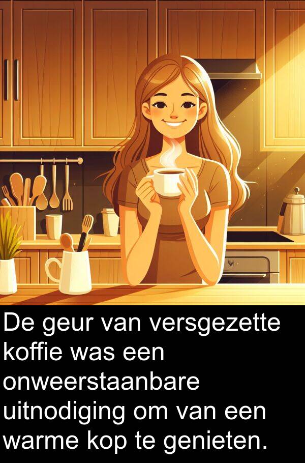 warme: De geur van versgezette koffie was een onweerstaanbare uitnodiging om van een warme kop te genieten.