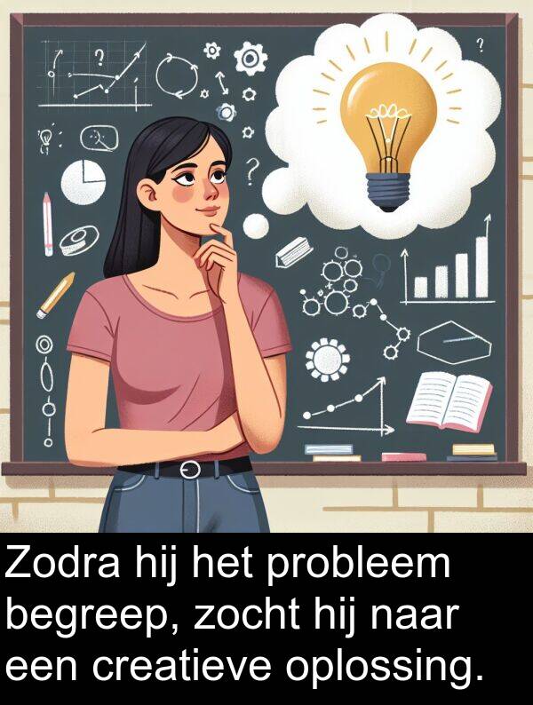 zocht: Zodra hij het probleem begreep, zocht hij naar een creatieve oplossing.