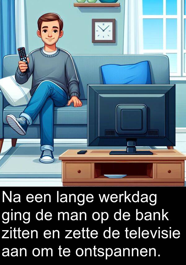 televisie: Na een lange werkdag ging de man op de bank zitten en zette de televisie aan om te ontspannen.