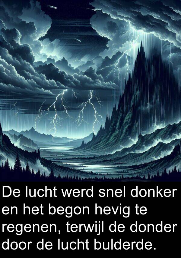 donder: De lucht werd snel donker en het begon hevig te regenen, terwijl de donder door de lucht bulderde.