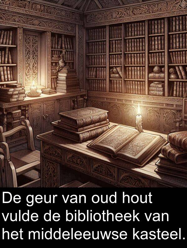 hout: De geur van oud hout vulde de bibliotheek van het middeleeuwse kasteel.