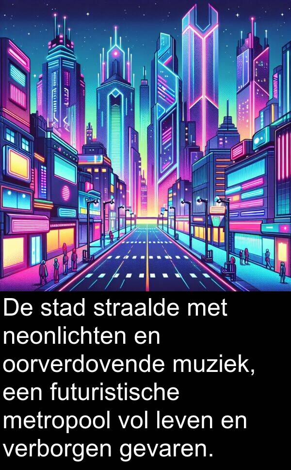 muziek: De stad straalde met neonlichten en oorverdovende muziek, een futuristische metropool vol leven en verborgen gevaren.