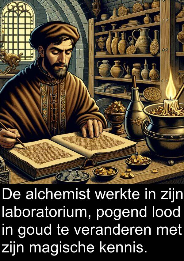 veranderen: De alchemist werkte in zijn laboratorium, pogend lood in goud te veranderen met zijn magische kennis.