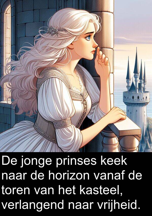 prinses: De jonge prinses keek naar de horizon vanaf de toren van het kasteel, verlangend naar vrijheid.