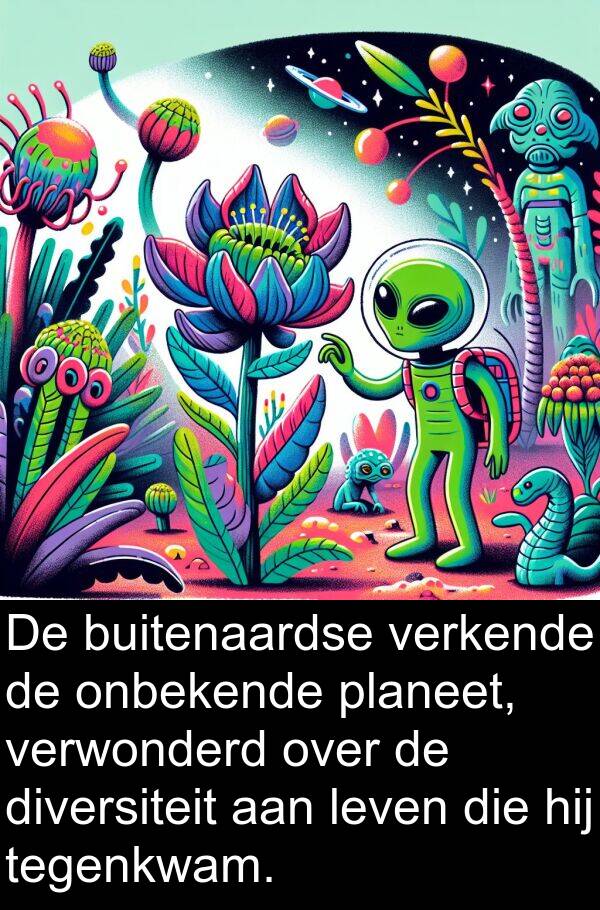 planeet: De buitenaardse verkende de onbekende planeet, verwonderd over de diversiteit aan leven die hij tegenkwam.