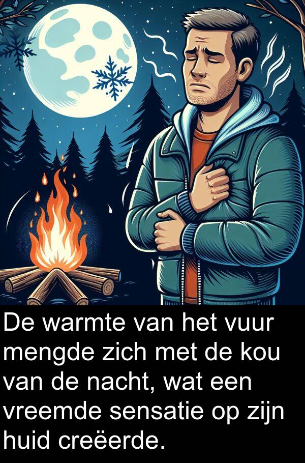 warmte: De warmte van het vuur mengde zich met de kou van de nacht, wat een vreemde sensatie op zijn huid creëerde.