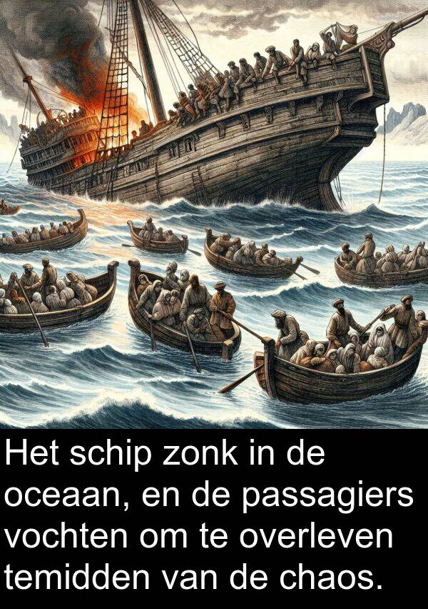 zonk: Het schip zonk in de oceaan, en de passagiers vochten om te overleven temidden van de chaos.