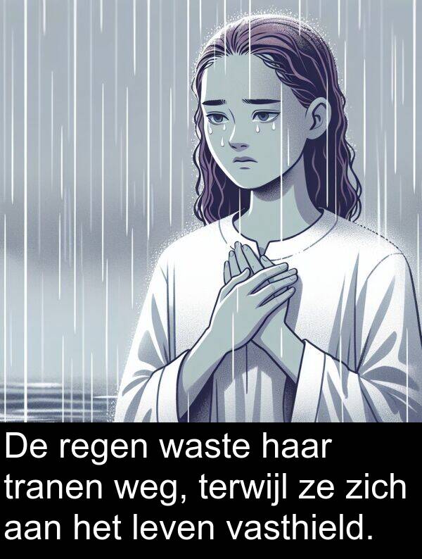 weg: De regen waste haar tranen weg, terwijl ze zich aan het leven vasthield.