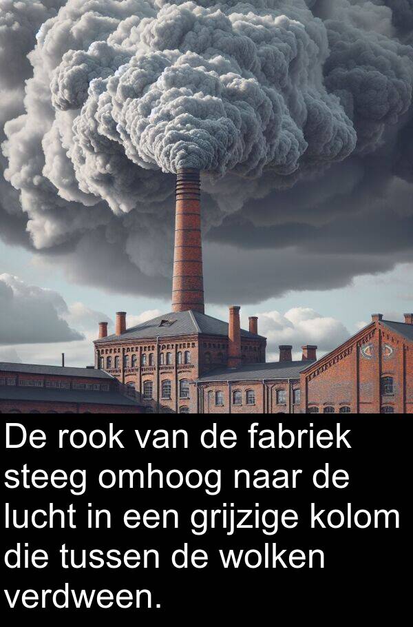 omhoog: De rook van de fabriek steeg omhoog naar de lucht in een grijzige kolom die tussen de wolken verdween.