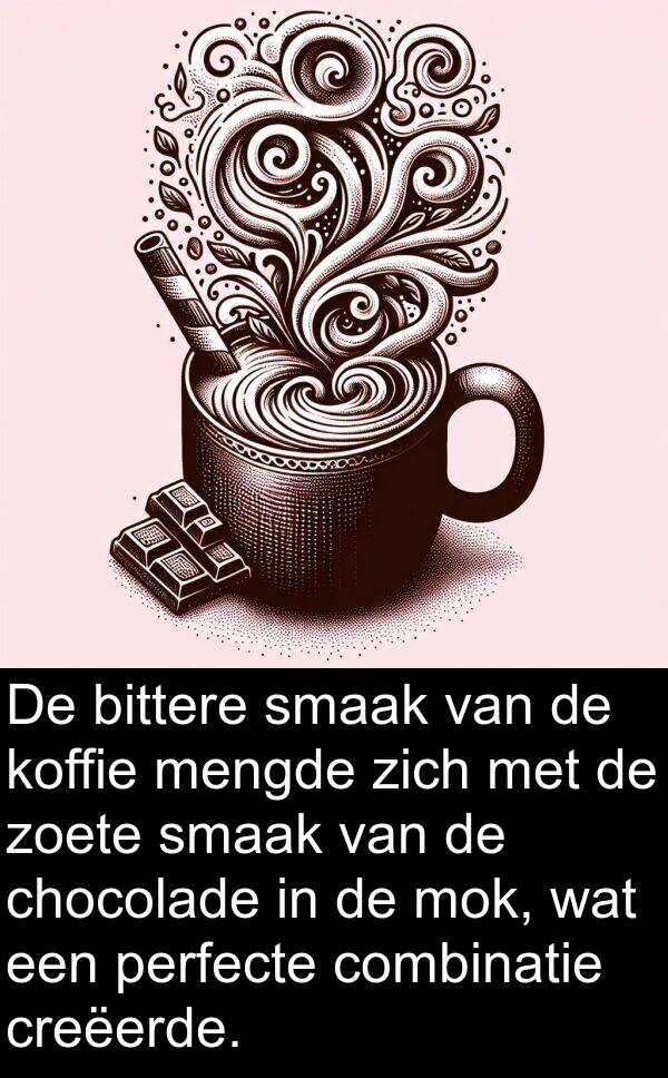 zoete: De bittere smaak van de koffie mengde zich met de zoete smaak van de chocolade in de mok, wat een perfecte combinatie creëerde.