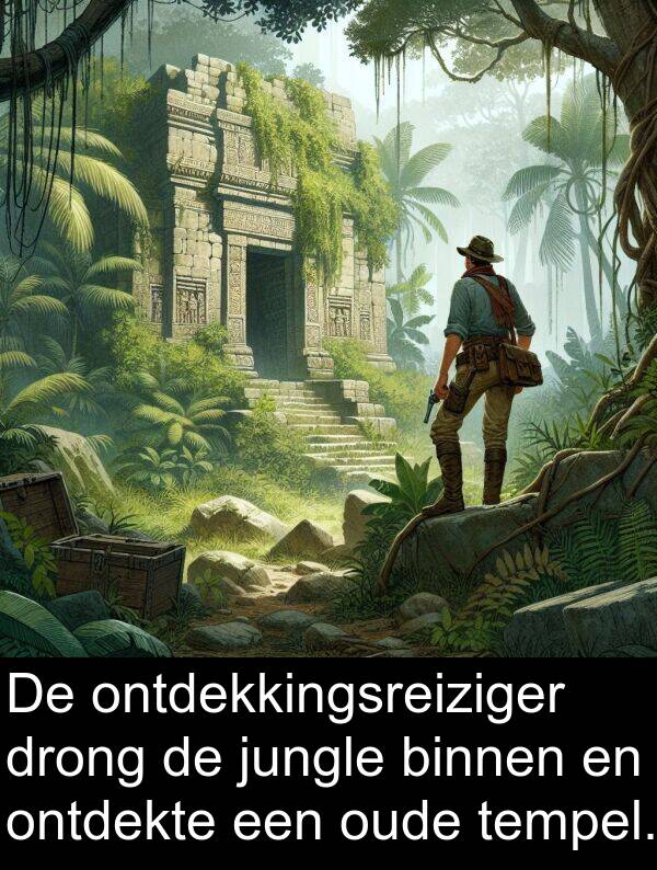 jungle: De ontdekkingsreiziger drong de jungle binnen en ontdekte een oude tempel.