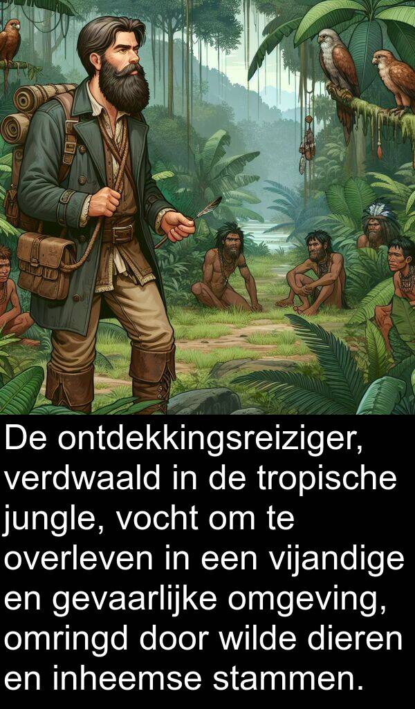 inheemse: De ontdekkingsreiziger, verdwaald in de tropische jungle, vocht om te overleven in een vijandige en gevaarlijke omgeving, omringd door wilde dieren en inheemse stammen.