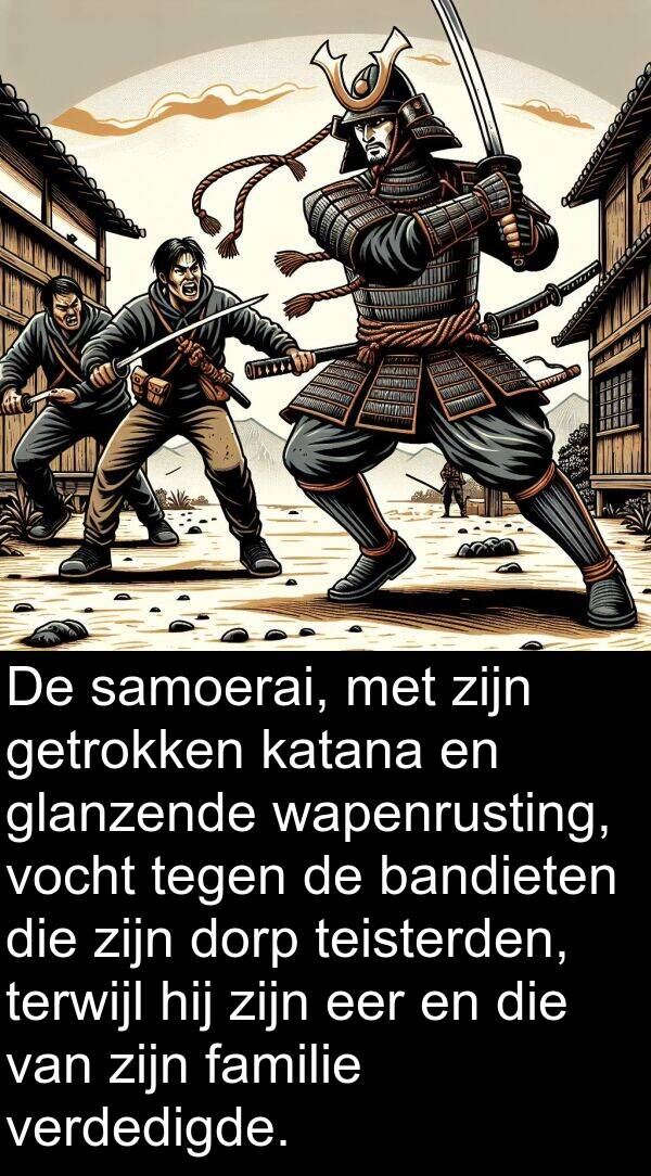 verdedigde: De samoerai, met zijn getrokken katana en glanzende wapenrusting, vocht tegen de bandieten die zijn dorp teisterden, terwijl hij zijn eer en die van zijn familie verdedigde.