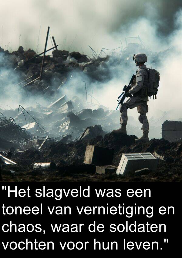 waar: "Het slagveld was een toneel van vernietiging en chaos, waar de soldaten vochten voor hun leven."