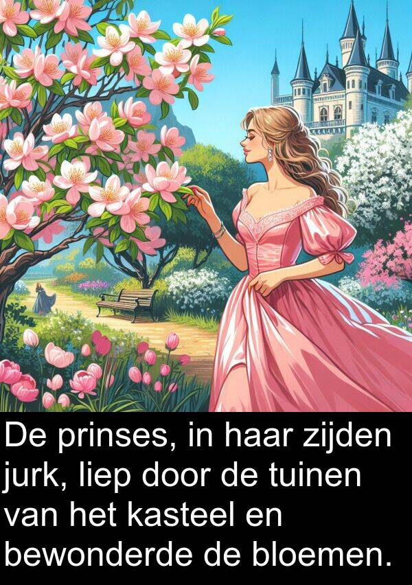 prinses: De prinses, in haar zijden jurk, liep door de tuinen van het kasteel en bewonderde de bloemen.