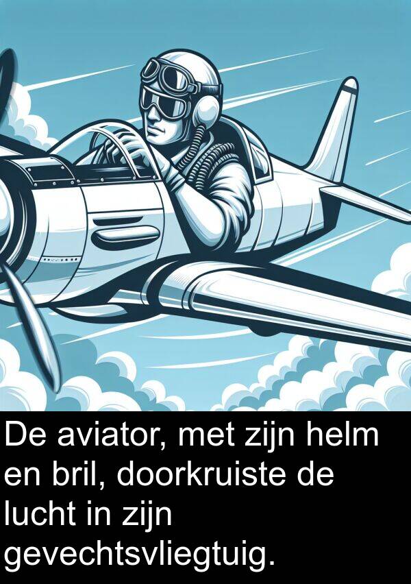 helm: De aviator, met zijn helm en bril, doorkruiste de lucht in zijn gevechtsvliegtuig.