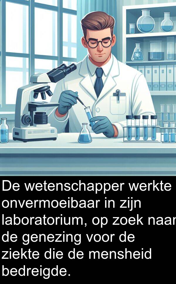 onvermoeibaar: De wetenschapper werkte onvermoeibaar in zijn laboratorium, op zoek naar de genezing voor de ziekte die de mensheid bedreigde.