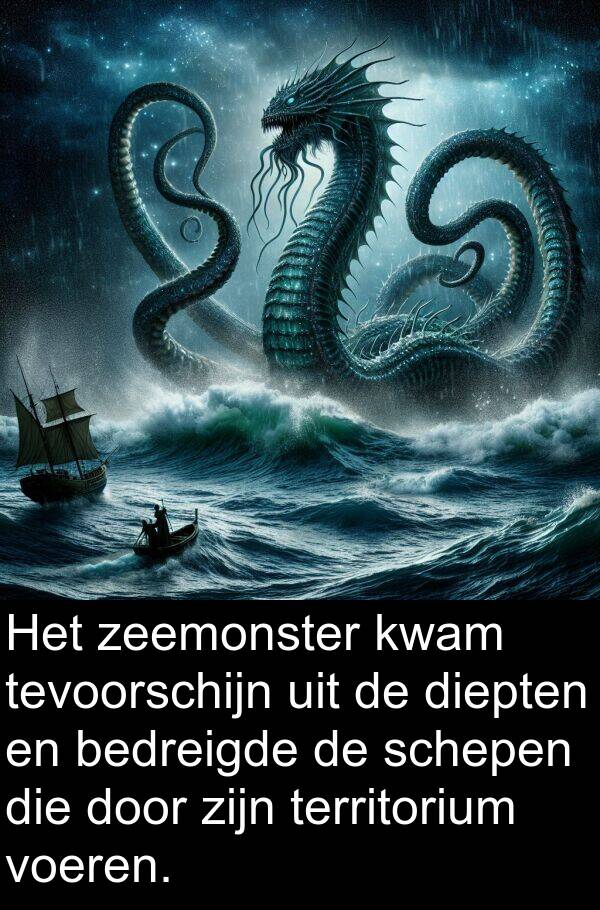 diepten: Het zeemonster kwam tevoorschijn uit de diepten en bedreigde de schepen die door zijn territorium voeren.