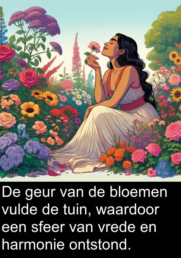 waardoor: De geur van de bloemen vulde de tuin, waardoor een sfeer van vrede en harmonie ontstond.