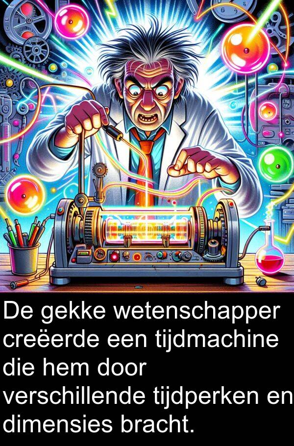 verschillende: De gekke wetenschapper creëerde een tijdmachine die hem door verschillende tijdperken en dimensies bracht.