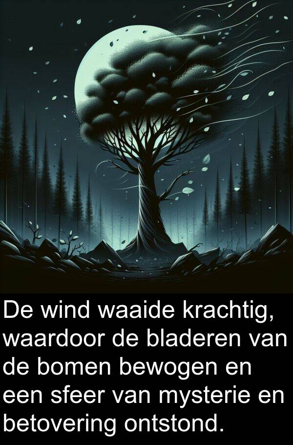 waaide: De wind waaide krachtig, waardoor de bladeren van de bomen bewogen en een sfeer van mysterie en betovering ontstond.