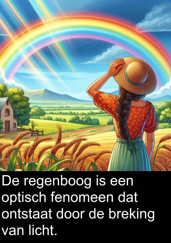 licht: De regenboog is een optisch fenomeen dat ontstaat door de breking van licht.