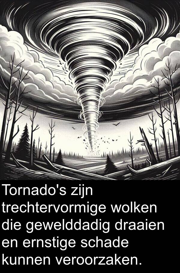 schade: Tornado's zijn trechtervormige wolken die gewelddadig draaien en ernstige schade kunnen veroorzaken.