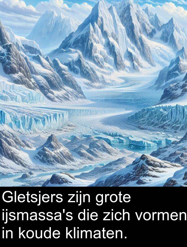 zich: Gletsjers zijn grote ijsmassa's die zich vormen in koude klimaten.