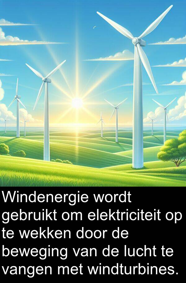 wekken: Windenergie wordt gebruikt om elektriciteit op te wekken door de beweging van de lucht te vangen met windturbines.